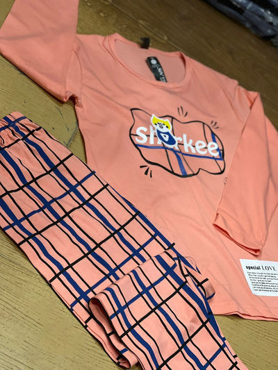 Pink full sleeves printed design night suit fabric cotton jarsy